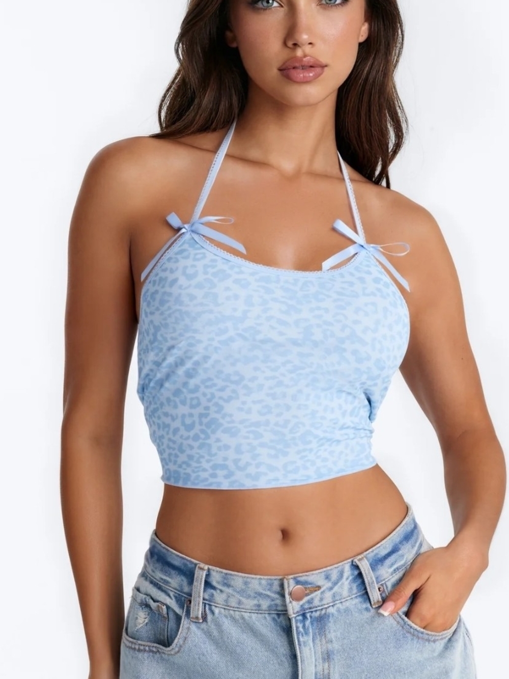 Fashion Nova Light Blue Leopard Halter Crop Top